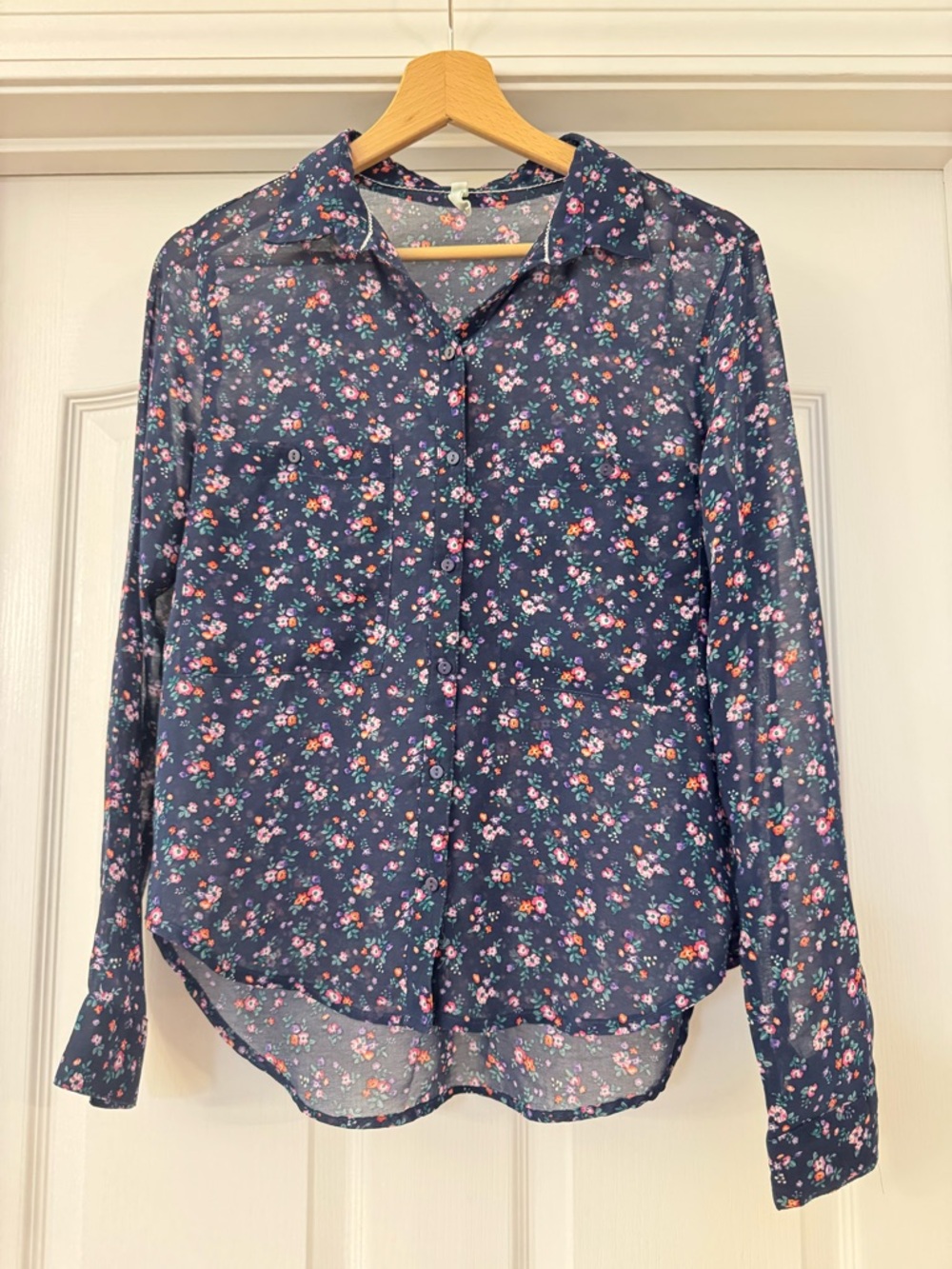 Navy Blue Ditsy Floral Print Sheer Button Down Blouse Long Sleeve Women’s Top M